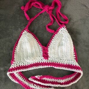 Handmade Crochet Halter Bralette - Pink and White